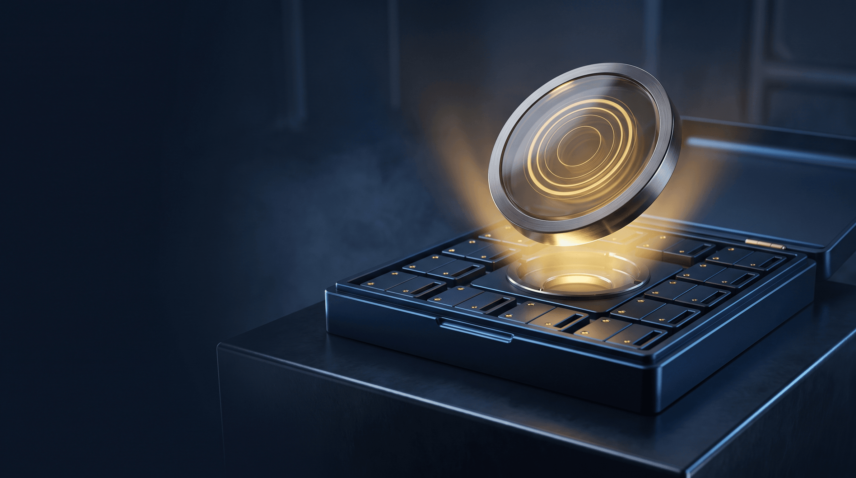 A machined memory core, its growth-ring strata glowing gold, descending into the socket at the heart of an open company chassis.