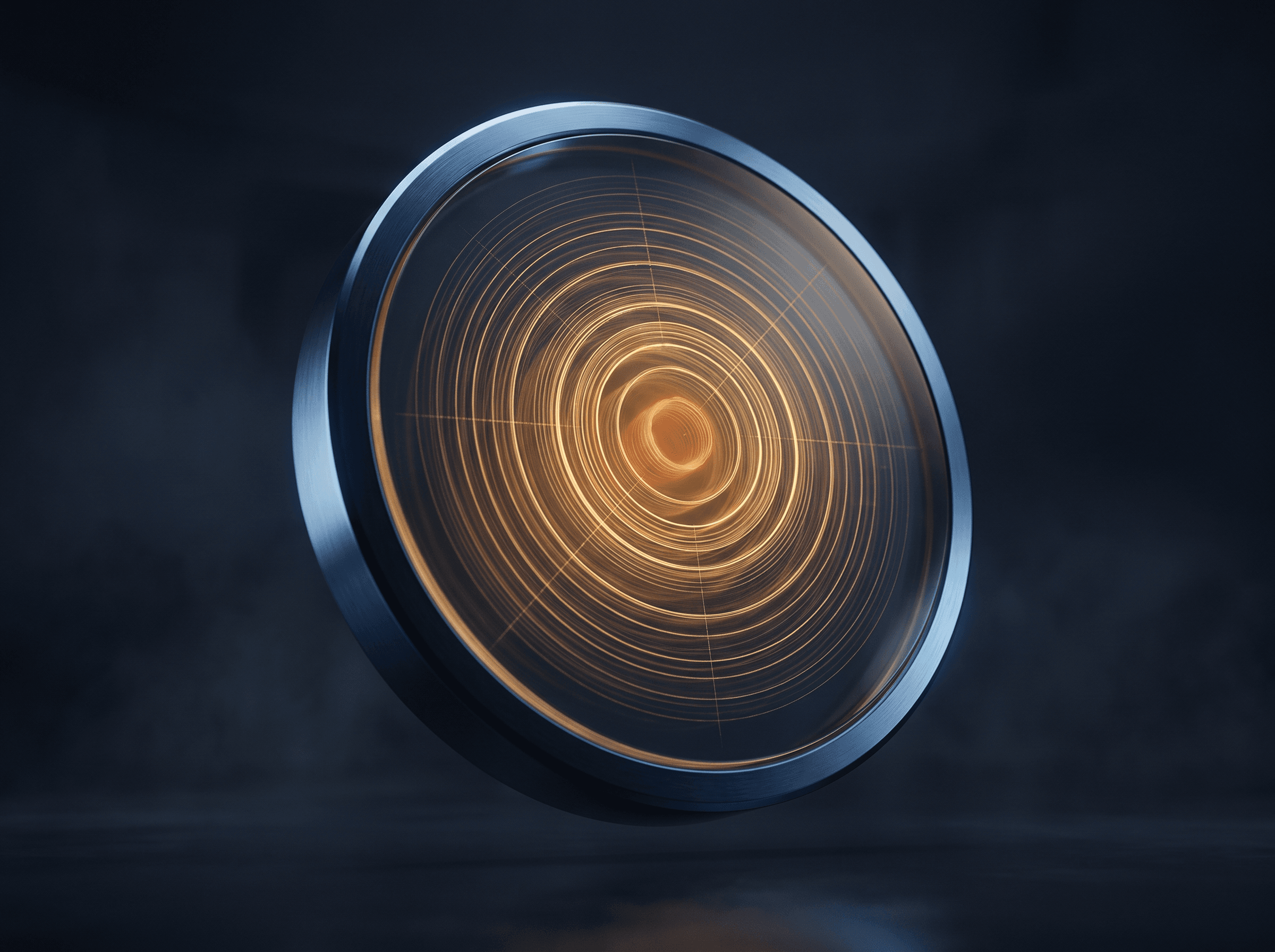 A machined institutional-memory core with concentric gold growth-ring strata inside a dark metal rim.
